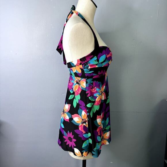 Tropical Escape Floral One Piece Halter Twist Swim Dress Black Multi Womens Sz 6 - Picture 4 of 12